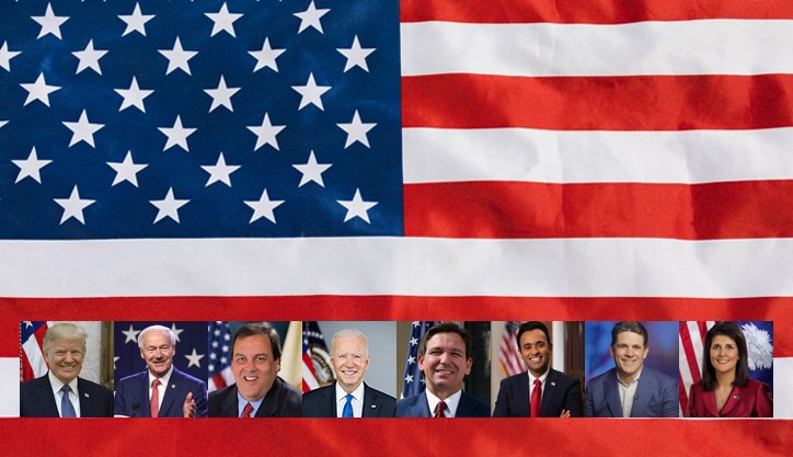 US flag with presidential candidates